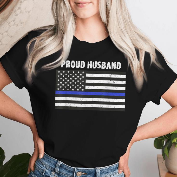 My Wife Is A Police Officer Proud Husband Blue Line Women T-shirt Gifts for Her