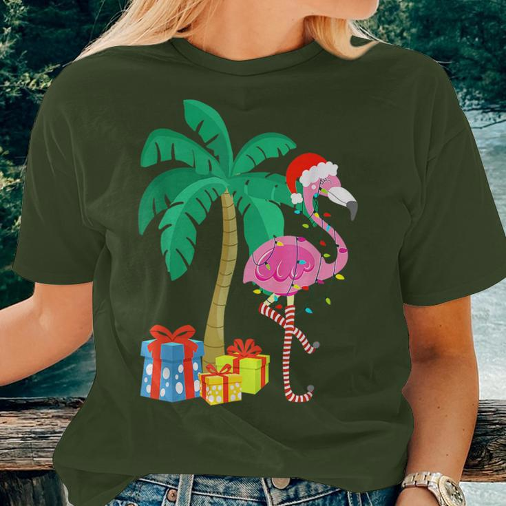 Pink Flamingo Christmas Palm Tree Tropical Xmas Women T-shirt Gifts for Her
