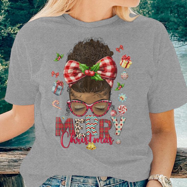 Merry Christmas Messy Bun Black African American Women T-shirt Gifts for Her