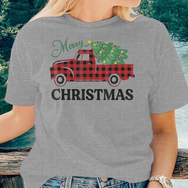 Merry Christmas White Buffalo Plaid Truck Tree Womens Women T-shirt Gifts for Her