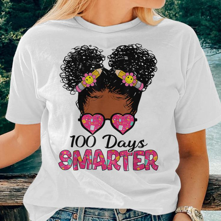 100 Days Smarter Black Girl Messy Bun 100Th Day Of School Women T-shirt Gifts for Her
