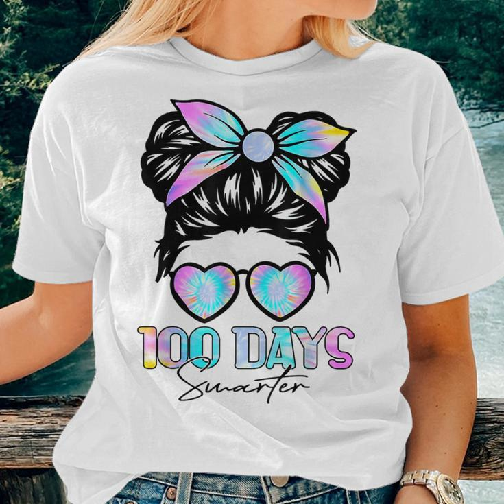 100 Days Smarter Girls Messy Bun Hair 100Th Day Tie Dye Women T-shirt Gifts for Her