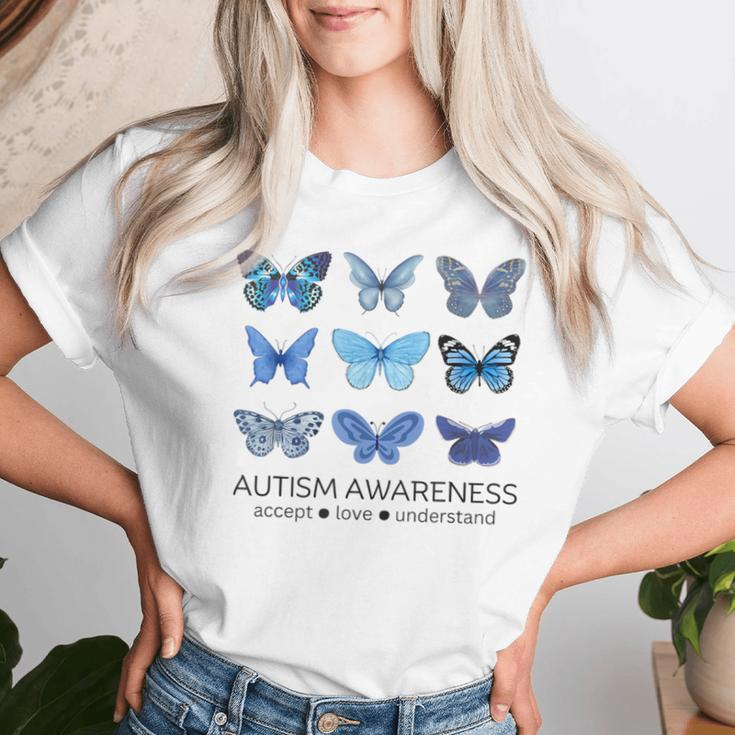 In April We Wear Blue Butterfly Autism Mental Health Women T-shirt Gifts for Her