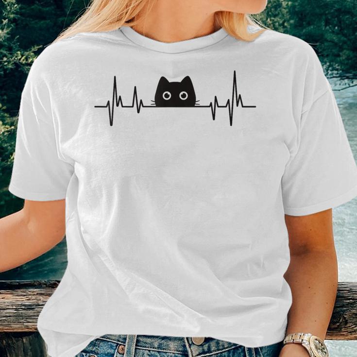 Black Cute Cat Heartbeat Girls Kawaii Cats Lover Women T-shirt Gifts for Her