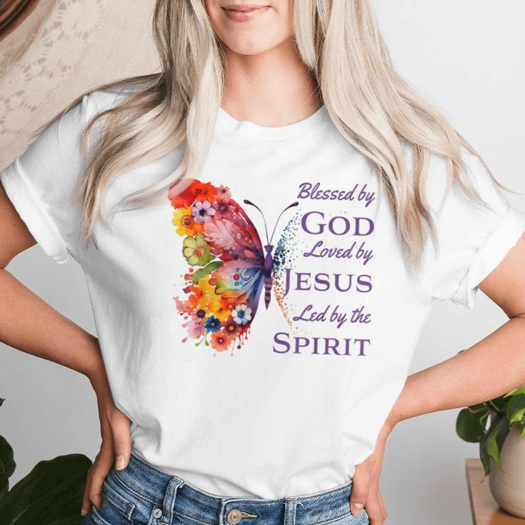 Blessed By God Loved By Jesus Butterfly And Flowers Women T-shirt Gifts for Her