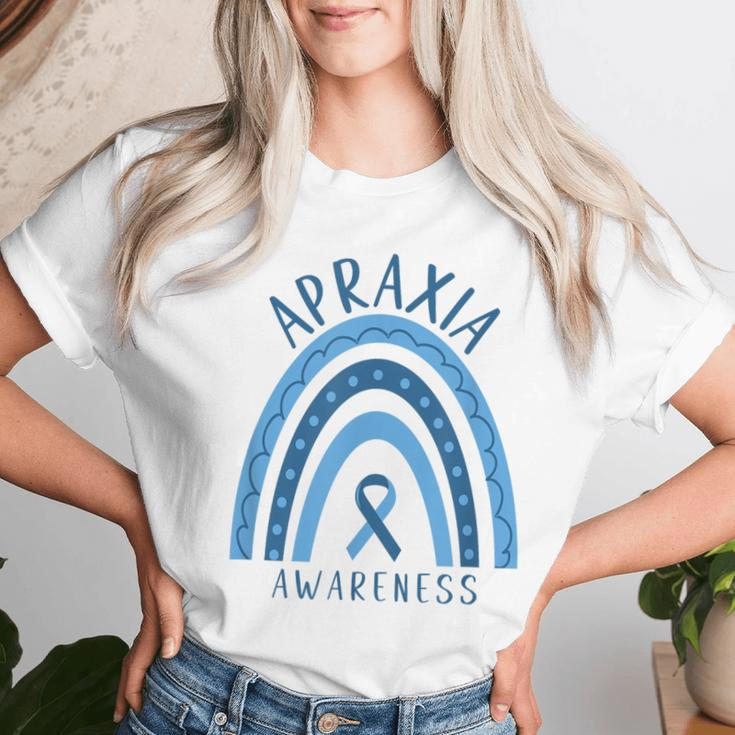 Blue Apraxia Rainbow Ribbon Awareness Women T-shirt Gifts for Her
