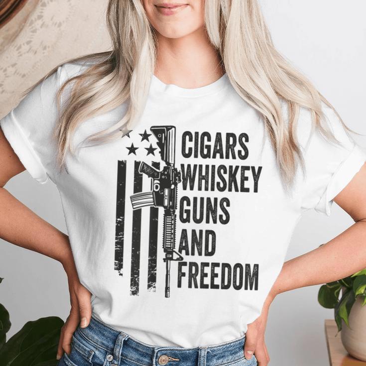 Cigars Whiskey Guns & Freedom Camo Gun Drinking- On Back Women T-shirt Gifts for Her