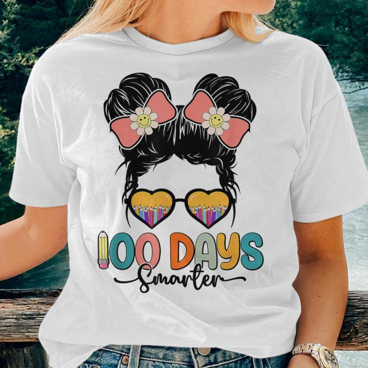 Cute 100Th Day Of School Girls Messy Bun 100 Days Smarter Women T-shirt Gifts for Her