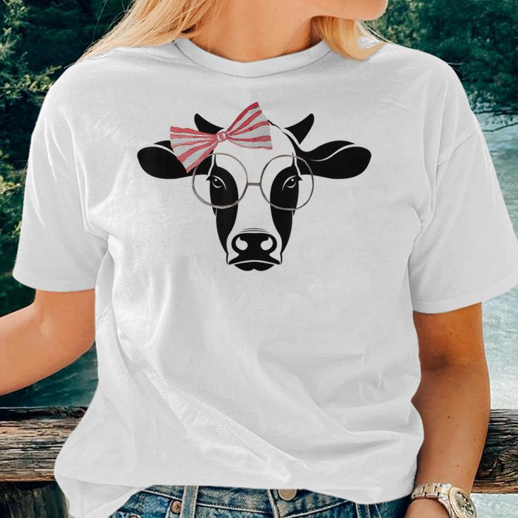 Cute Cow With Pink Striped Bow & Glasses Cowgirl Women T-shirt Gifts for Her