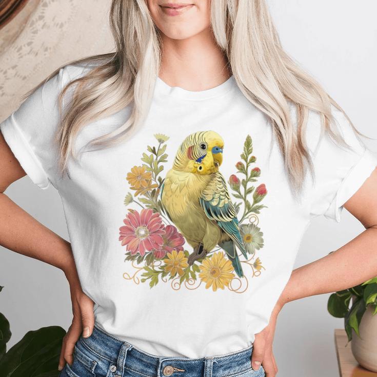 Damen Wellensittich Sittichogel Mama Papageiintage Blume Mit-Ausschnitt T-shirt Frauen Geschenke für Sie