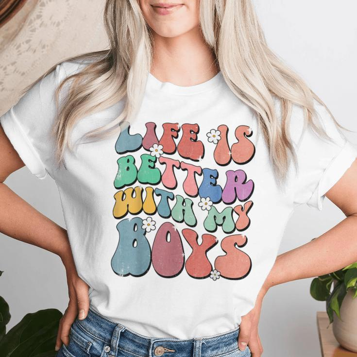 Life Is Better With My Boys Groovy Boy Mom Life Women T-shirt Gifts for Her