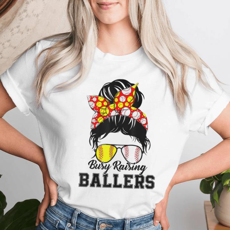 Messy Bun Mom Of Both Baseball Softball Busy Raising Ballers Women T-shirt Gifts for Her