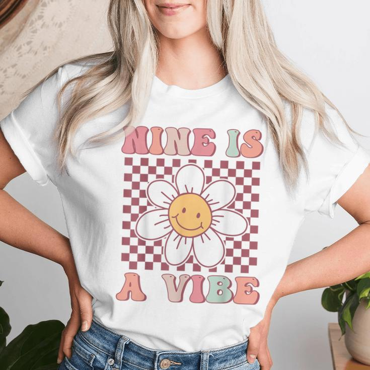 Nine Is A Vibe Cute Groovy 9Th Birthday Party Daisy Flower Women T-shirt Gifts for Her