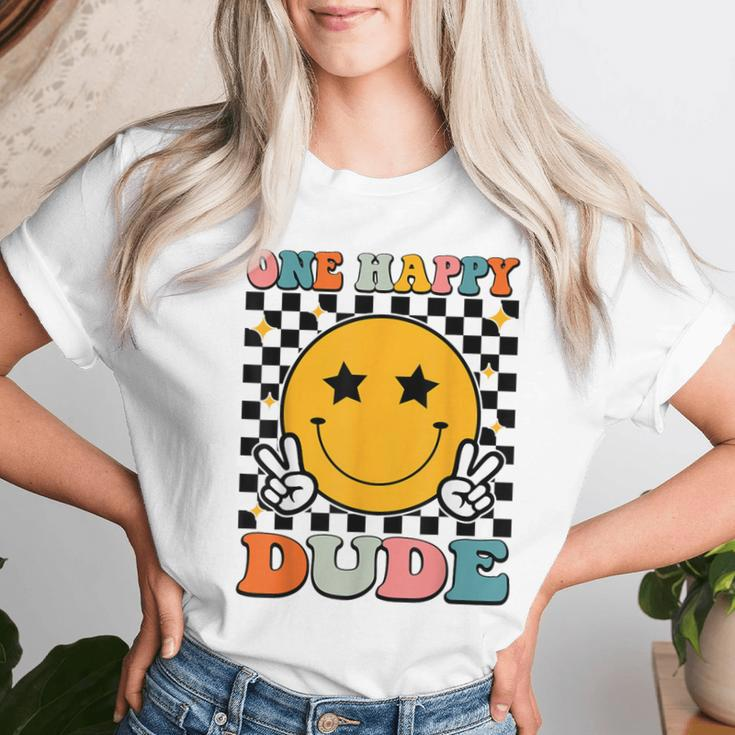 One Happy Dude Retro Groovy 1St Birthday Family Matching Women T-shirt Gifts for Her