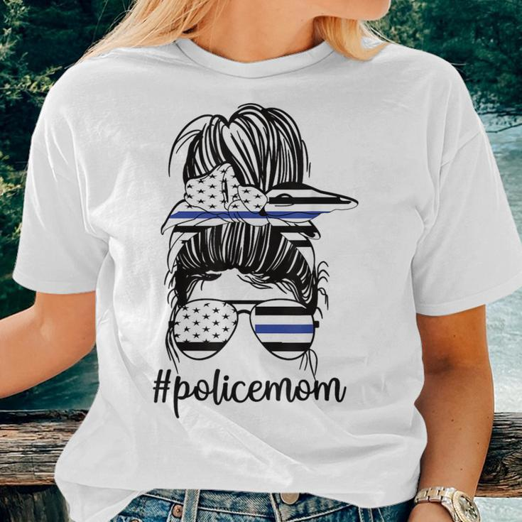 Police Mom Messy Bun Police Officer Mom Mother Blue Line Women T-shirt Gifts for Her