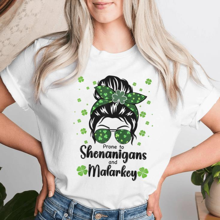 Prone To Shenanigans And Malarkey Messy Bun Women T-shirt Gifts for Her