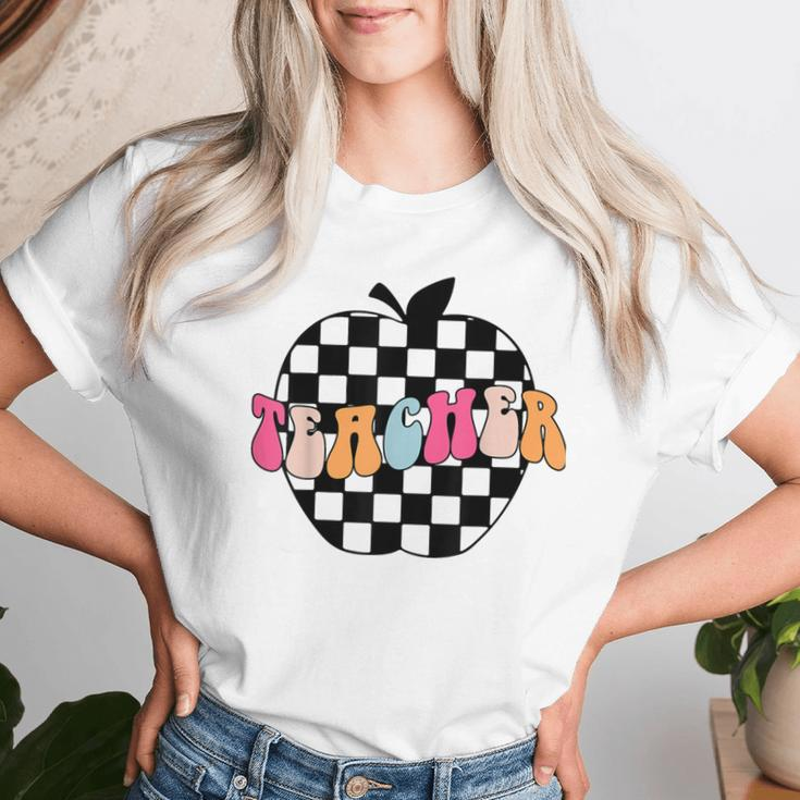 Retro Black And White Checkered Apple Teacher Women T-shirt Gifts for Her