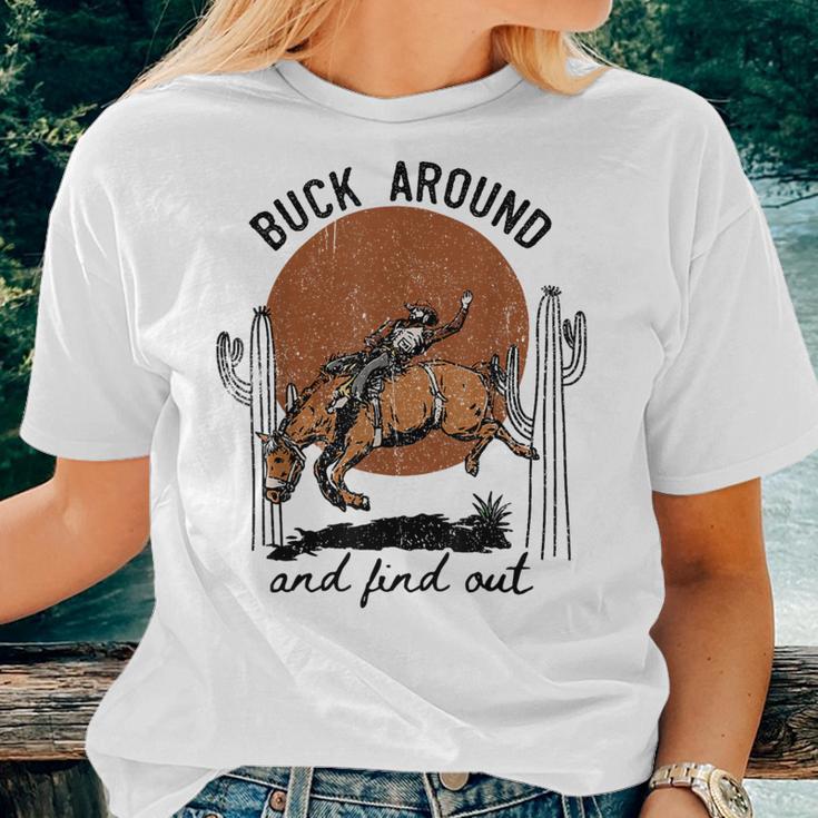 Retro Cowboy Bucking Horse Buck Around And Find Out Western Women T-shirt Gifts for Her