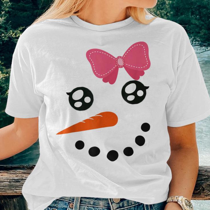 Snow Girl Snowman Face Carrot Nose Pink Bow Women T-shirt Gifts for Her