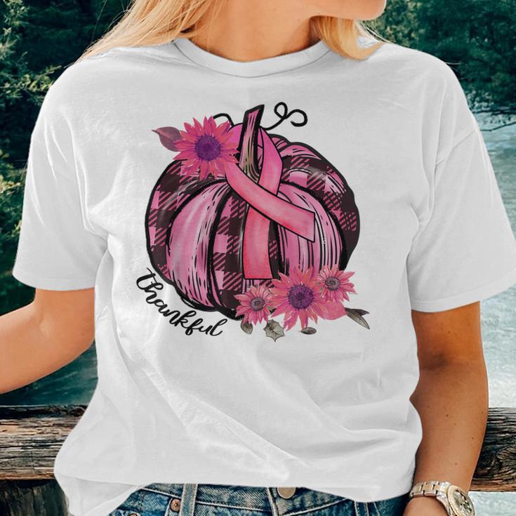 Thankful Pink Pumpkin Sunflower Breast Cancer Awareness Women T-shirt Gifts for Her