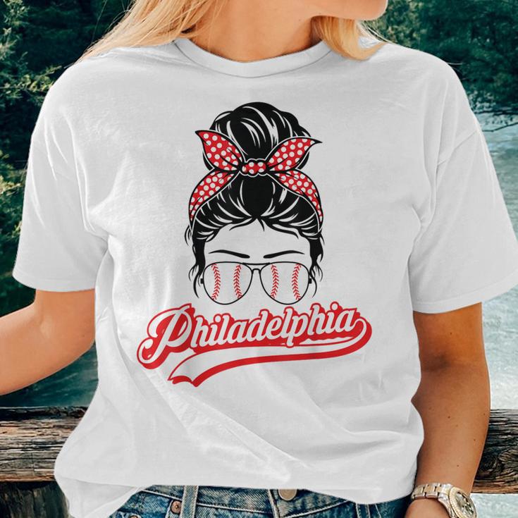 Vintage Philly Baseball Leopard Messy Bun Philadelphia Fans Women T-shirt Gifts for Her