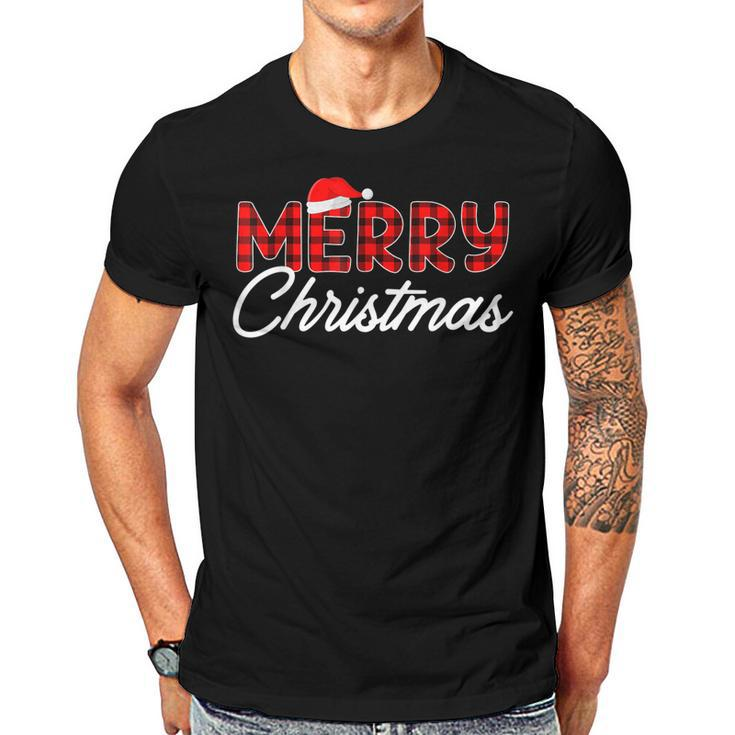 Merry Christmas Buffalo Plaid Red Santa Hat Xmas Pajamas  V2 Men T-shirt Casual Daily Crewneck Short Sleeve Graphic Basic Unisex Tee