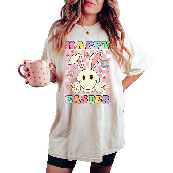 Happy Easter For Girls Groovy Hippie Face Bunny Women's Oversized Comfort T-shirt