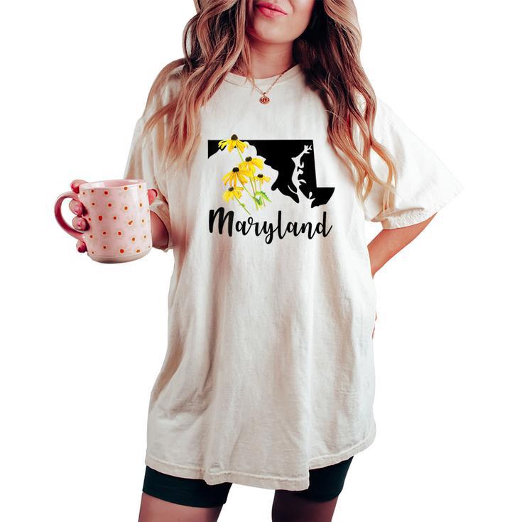 Maryland Floral Black-Eyed-Susan Handwritten State Inspired Women's Oversized Comfort T-shirt