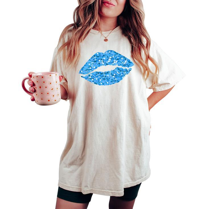 80S & 90S Kiss Mouth Lips Motif Vintage Blue Women's Oversized Comfort T-shirt