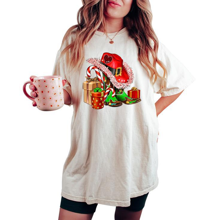 Christmas Western Cowgirl Hat Boots Cute Xmas Cowboy Texas Women's Oversized Comfort T-shirt