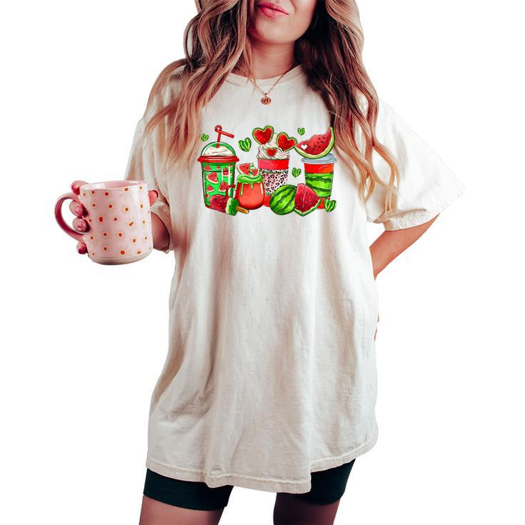 Cute Cups Of Iced Coffee Watermelon Tropical Summer Vacation Women's Oversized Comfort T-shirt