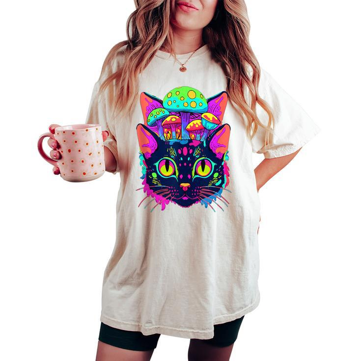 Edm Rave Trippy Cat Mushroom Psychedelic Festival Women's Oversized Comfort T-shirt