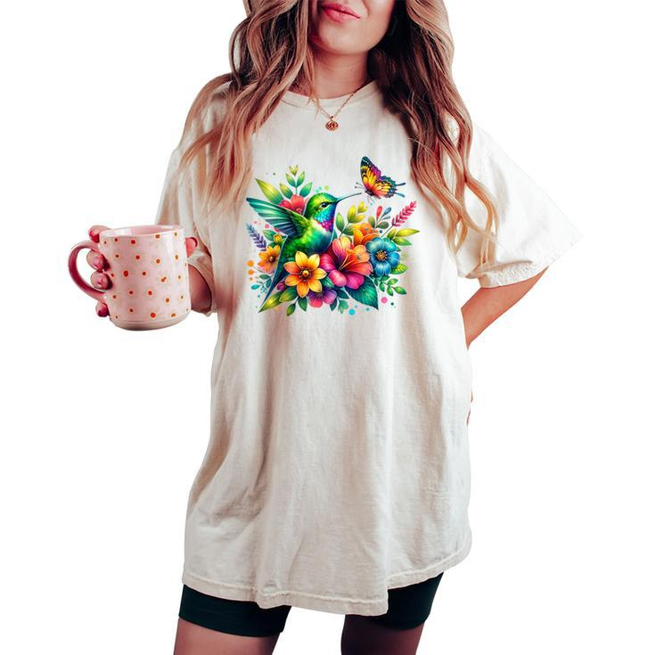 Floral Watercolor Hummingbird & Butterfly Women's Oversized Comfort T-shirt