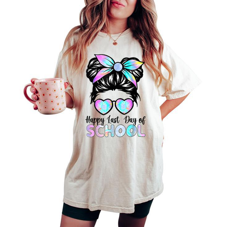 Happy Last Day Of School Teacher Girls Messy Bun Women's Oversized Comfort T-shirt