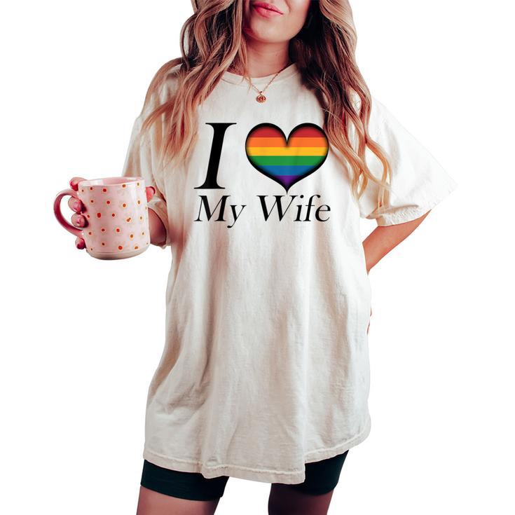 I Heart My Wife Lesbian Pride Typography With Rainbow Heart Women's Oversized Comfort T-shirt