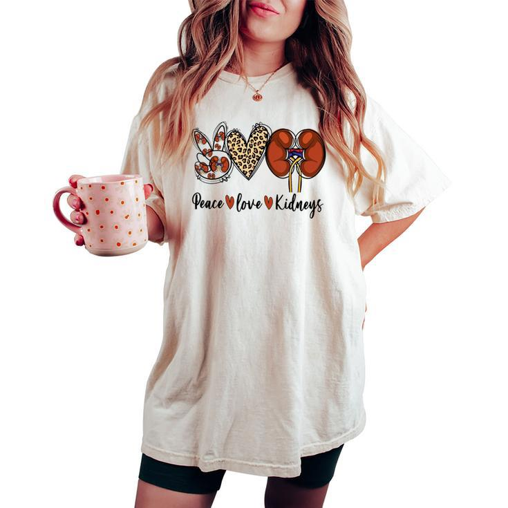 Peace Love Kidneys Leopard Dialysis Nurse Kidney Awareness Women's Oversized Comfort T-shirt