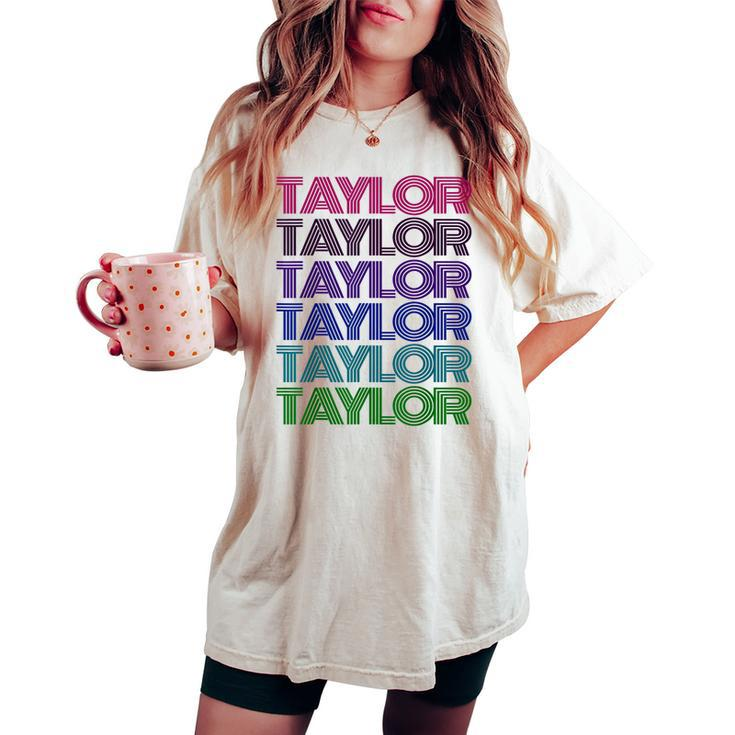 Personalized First Name Taylor Girl Groovy Retro Pink Women's Oversized Comfort T-shirt