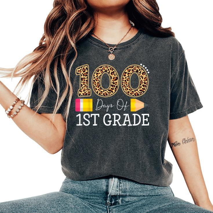 100 Days Of First Grade Leopard Happy 100Th Day Of School Women's Oversized Comfort T-Shirt