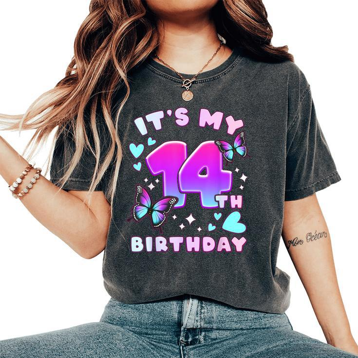 14Th Birthday Girl 14 Years Butterflies And Number 14 Women's Oversized Comfort T-Shirt
