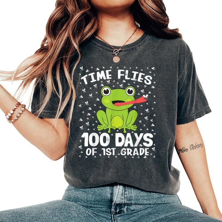 1St Grade 100 Days School Boys Girls Frog Time Flies Fly Kid Women's Oversized Comfort T-Shirt