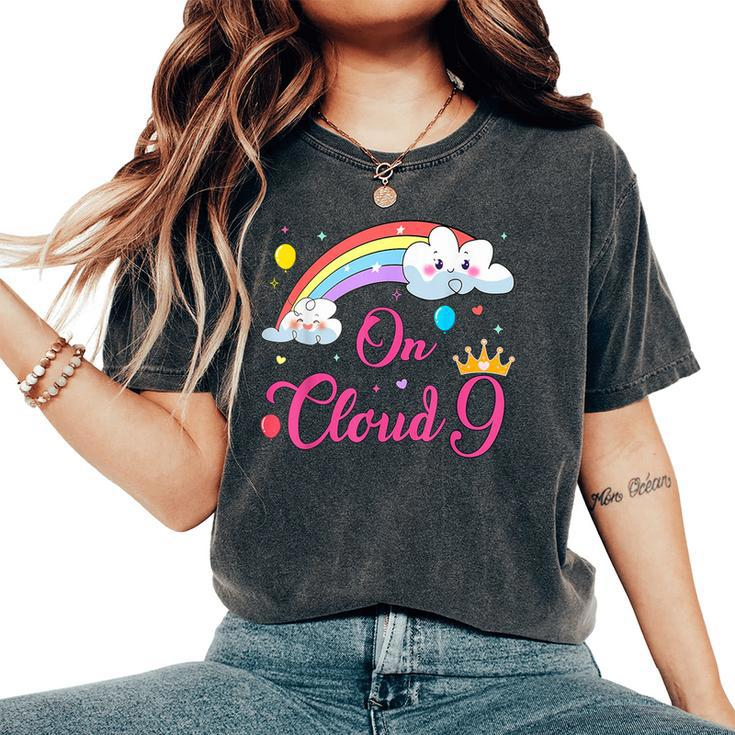 9 Year Old Birthday Decorations Rainbow On Cloud Nine 9Th Women's Oversized Comfort T-Shirt