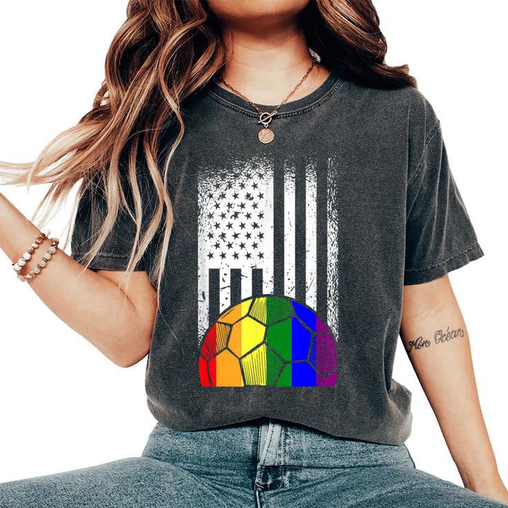 American Flag Soccer Ball Lgbt-Q Rainbow Gay Pride Ally Women's Oversized Comfort T-Shirt