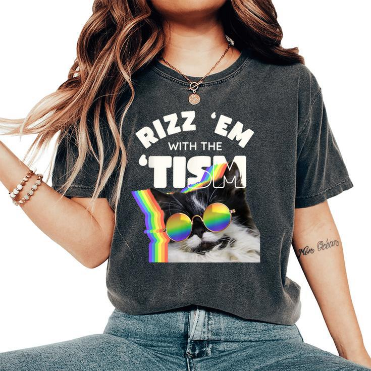 Autism Rizz Em With The Tism Meme Autistic Cat Rainbow Women's Oversized Comfort T-Shirt