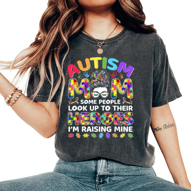 Autism Mom Raising Hero Messy Bun Autism Awareness Women's Oversized Comfort T-Shirt