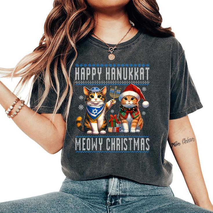 Cat Merry Christmas Happy Hanukkah Jewish Christian Women's Oversized Comfort T-Shirt
