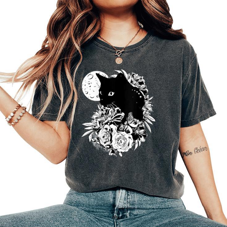 Cat Moon Night Flowers Black Cats Lovers Women's Oversized Comfort T-Shirt