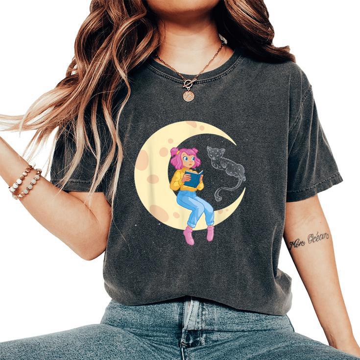 Celestial Cat And Girl Reading Book Read Moon Women's Oversized Comfort T-Shirt