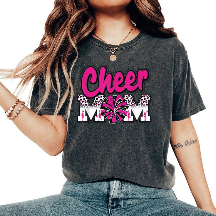 Cheer Mom Hot Pink Black Leopard Letters Cheer Pom Poms Women's Oversized Comfort T-Shirt