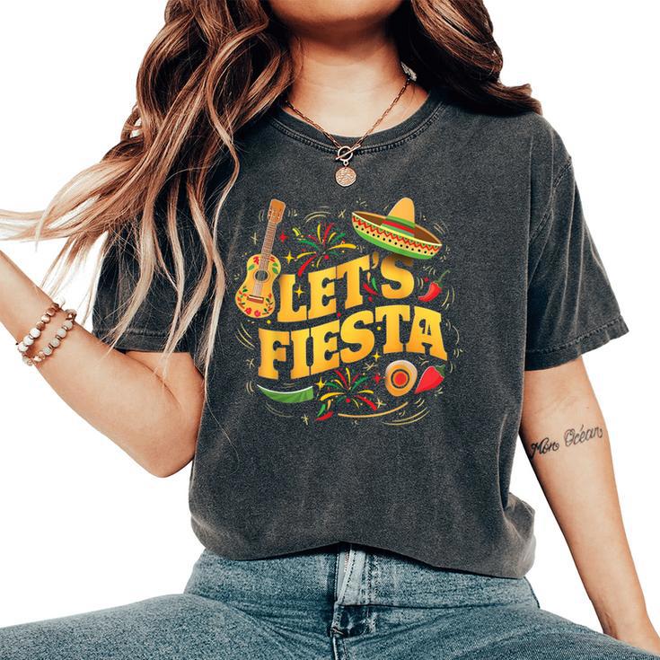 Cinco De Mayo Mexican Music Guitar Cactus Let's Fiesta Women's Oversized Comfort T-Shirt