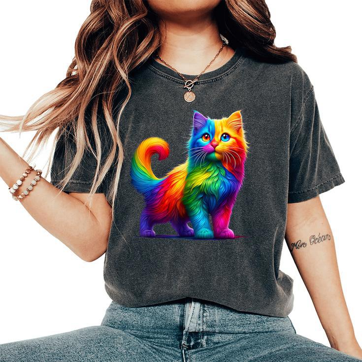Colorful Cat For Women's Girls Boys Cute Rainbow Cat Women's Oversized Comfort T-Shirt